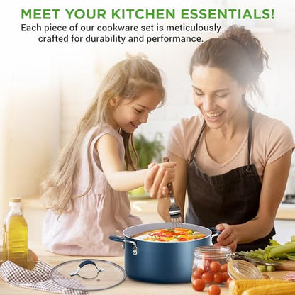 NutriChef 14-Piece Navy Blue Nonstick Cookware Set - Durable Pots and Pans Set with Lids & Utensils, Compatible with All Cooktops