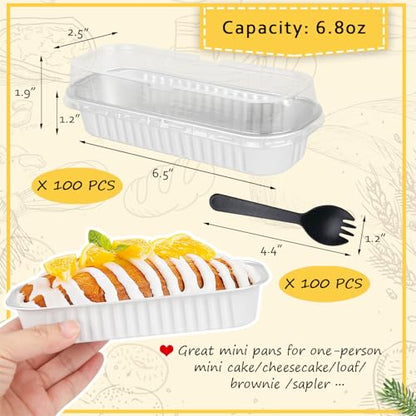 LNYZQUS Mini Cake Pans with Lids 100 Pack,Individual Foil Baking Tins,Disposable Mini Loaf Pans Small Cakes Tin Cupcake Containers for Bake Sale Wedding-White,6.8oz