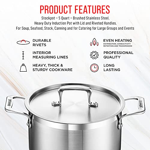 Stainless Steel Stockpot with Lid 5 Quart, Durable 18/8 Stainless Steel, Impact-Bonded Base for Even Heating, Riveted Handles, Oven & All Stove Compatible, Safe Up To 500°F (260°C)