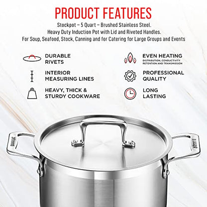 Stainless Steel Stockpot with Lid 5 Quart, Durable 18/8 Stainless Steel, Impact-Bonded Base for Even Heating, Riveted Handles, Oven & All Stove Compatible, Safe Up To 500°F (260°C)