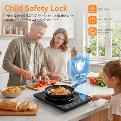 olayks Protable Induction Cooktop, 1800w Hot Plate Electric Stove with Child Safety Lock, Timer, 8 Power Levels, Single Burner Electric Cooktop with Large Heating Coil, Fast Heating