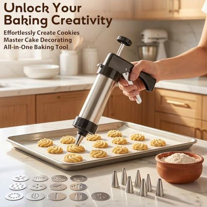 Stainless Steel Cookies Press, Cookie Press Gun Kit with 13 Cookie Discs and 8 Piping Tips, Durable Butter Cookie Shooter for DIY Various Cookies and Cake Maker