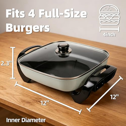 I-Keukenn 12" Ceramic Nonstick Electric Skillet with Tempered Vented Glass Lid, Scratch-Resistant Surface, Cool-Touch Handles, Removable Easy-to-Clean Design, 1200W, Vibrant Green