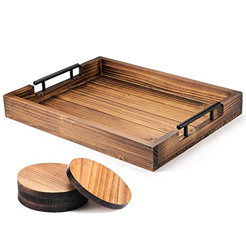 Berry Store Decorative Coffee Table Tray, Serving Tray with Handles - 17x13 Inch Wood Tray for Coffee Table Tray, Ottoman Tray - Includes 4 Wooden Coasters -Tray for Ottoman, Breakfast