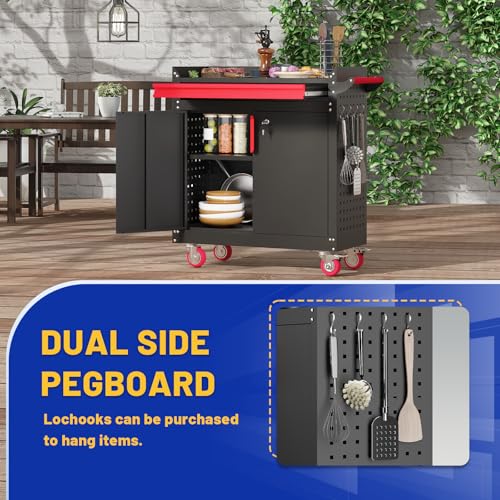Eltean Metal Grill Cart - Outdoor Grill Cart with Storage,Grill Table with Wheels,Outdoor Bar Cart with Adjustable Shelf for Kitchen Prep and Patio BBQ