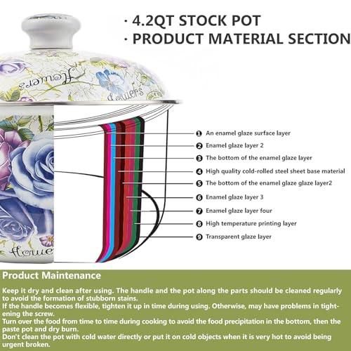Retro 5QT Flower Enamel on Steel Stock Soup pot with Lid, Stockpots for Cooking,Retro Classic Design