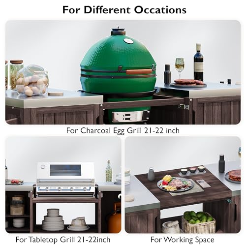 Merax 66.5" Outdoor Grill Table for Big Green Egg, Farmhouse Kitchen Island on Wheels with Stainless Steel Tabletop, Drawer and Spice Rack, Solid Wood Outdoor Storage Cabinet for Backyard, Dark Brown