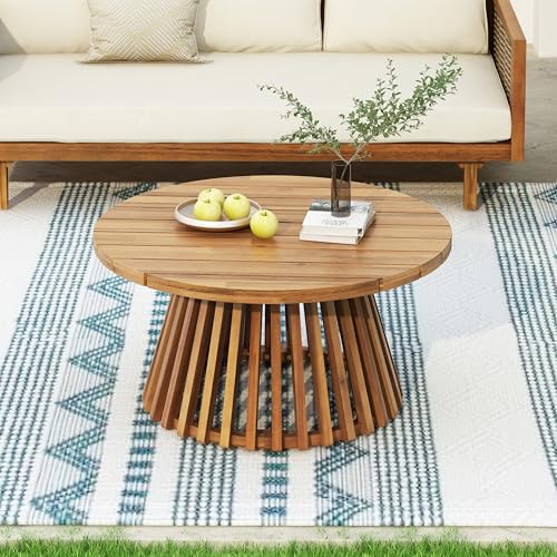 Merax Outdoor Patio 3-Seat Sofa and Round Coffee Table, Beige +Teak