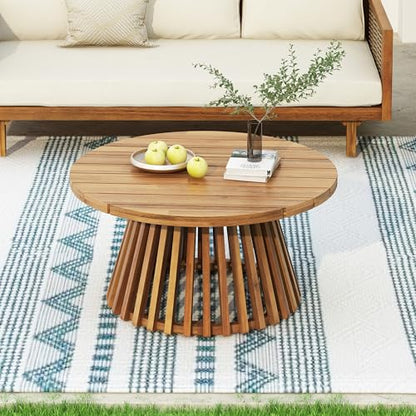 Merax Outdoor Patio 3-Seat Sofa and Round Coffee Table, Beige +Teak