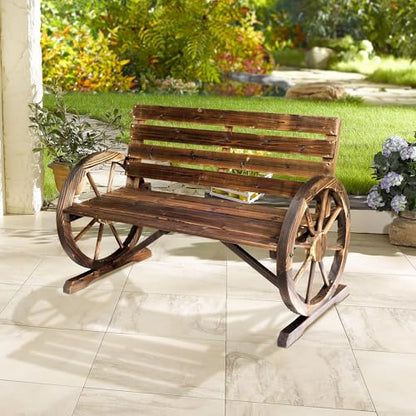 Outsunny 41" Wooden Wagon Wheel Bench, Rustic Outdoor Patio Bench Weather Resistance Furniture, 2-Person Slatted Seat with Backrest, Carbonized