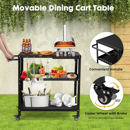 GVGBUK Outdoor Grill Cart Table,Indoor and Outdoor Pizza Oven Table,with 4 Movable Total Lock Casters, Hooks, Side Handle Multifunctional (Black) (Black)