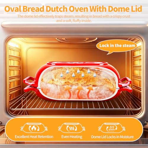 Oval Dutch Oven for Bread Baking, 6QT Enameled Cast Iron Oval Dutch Oven Pot with Lid and Dual Handles, Ceramic Sourdough Bread Baker with Bread Dome, Cooking, Frying, Non-stick Enamel Coated Cookware
