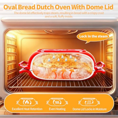 Oval Dutch Oven for Bread Baking, 6QT Enameled Cast Iron Oval Dutch Oven Pot with Lid and Dual Handles, Ceramic Sourdough Bread Baker with Bread Dome, Cooking, Frying, Non-stick Enamel Coated Cookware