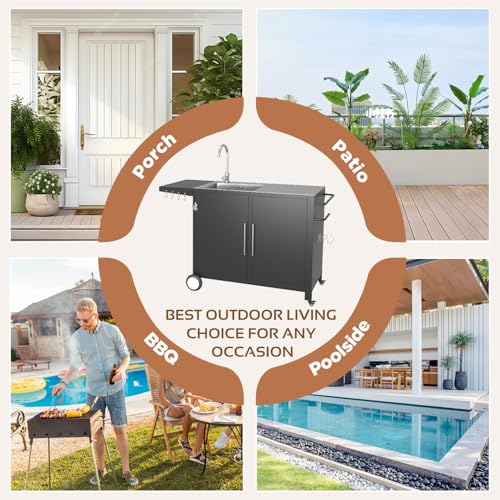 JFHID Outdoor Kitchen Sink with Hose Hook up, Stainless Steel Prep Table Kitchen Island, Rolling Pizza Oven Stand BBQ Grill Table for Garden, Backyard and Lawn