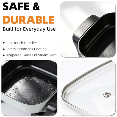 I-Keukenn 8" Electric Skillet with PFAS-Free Non-Stick Ceramic Coating, Removable Electric Frying Pan with Adjustable Temperature, Reversible Design, Tempered Glass Lid, Green