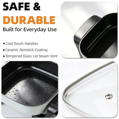 I-Keukenn 8" Electric Skillet with PFAS-Free Non-Stick Ceramic Coating, Removable Electric Frying Pan with Adjustable Temperature, Reversible Design, Tempered Glass Lid, Green