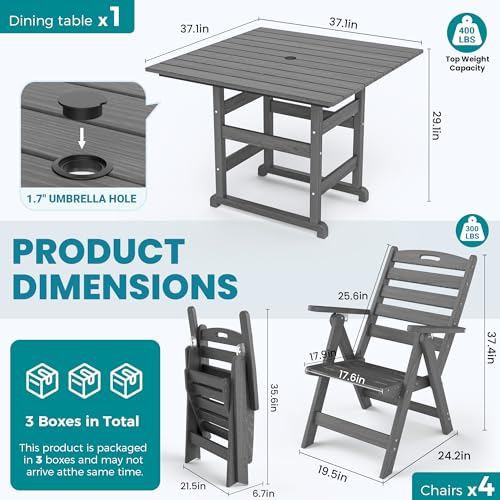 PamapicLife Dining Table Set, 5-Piece HDPE Outdoor Dining Set for 4, Grey