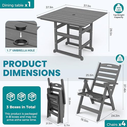 PamapicLife Dining Table Set, 5-Piece HDPE Outdoor Dining Set for 4, Grey