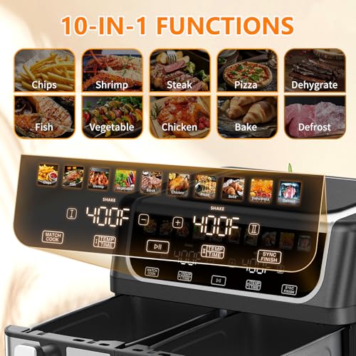 DUMOS 9.5 Quart Dual Basket Air Fryer, 10-in-1 Large Airfryer
