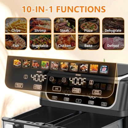 DUMOS 9.5 Quart Dual Basket Air Fryer, 10-in-1 Large Airfryer