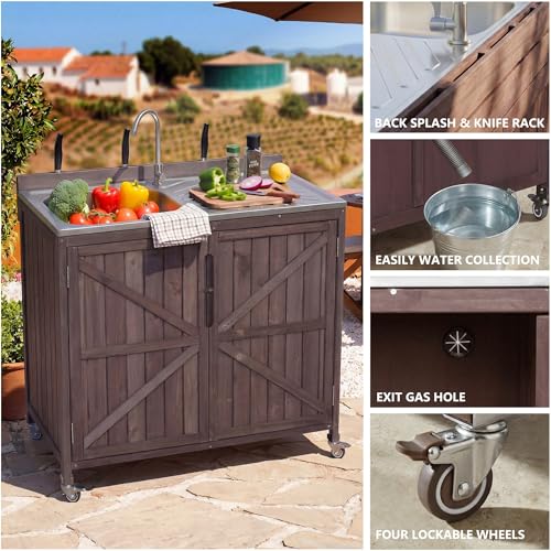 Merax Farmhouse 39.4" Outdoor Grill Cart with Stainless Steel Sink & Back Splash, Wood Rolling BBQ Prep Table w/Storage Cabinet & 4 Lockable Wheels for Patio and Outdoor Cooking,Dark Brown