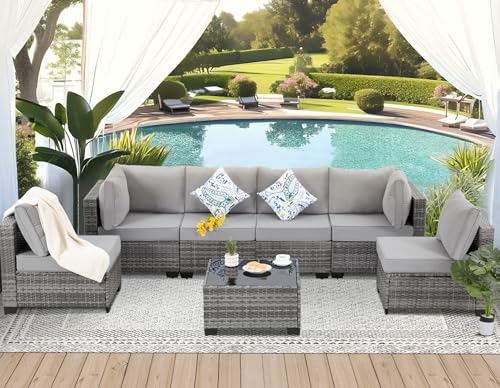 FHFO 7 Piece Outdoor Wicker Patio Furniture Set, Rattan Sectional Sofa Couch, Patio Conversation Set with Cushion & Coffee Table, for Backyard Poolside Porch Garden, Grey