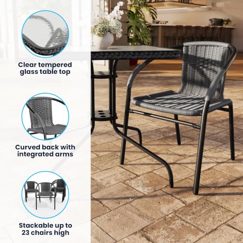 Flash Furniture 5-Piece 28" Square Indoor/Outdoor Patio Table and Chairs Set, Glass Metal Bistro Table and 4 Stacking Rattan Chairs, Gray