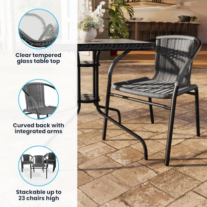 Flash Furniture 5-Piece 28" Square Indoor/Outdoor Patio Table and Chairs Set, Glass Metal Bistro Table and 4 Stacking Rattan Chairs, Gray