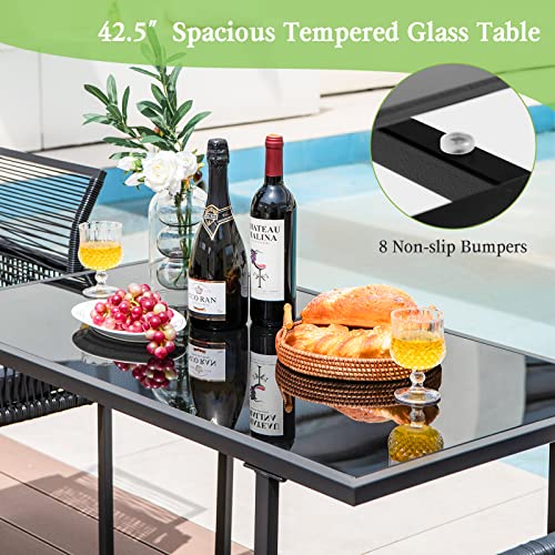 Tangkula 3 Pieces Outdoor Dining Set, Patio PE Rattan Furniture Set with Folding Backrest, Cozy Seat Cushions, Tempered Glass Tabletop, Space-Saving Rattan Chair Table Set for Backyard, Poolside