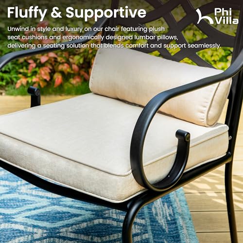 PHI VILLA 9 Pieces Outdoor Dining Set for 8, 60" Square Black Metal Table & Wrought Iron Swivel Chairs, All Weather Large Outside Furniture with Cushions & Pillows for Patio, Deck, Porch