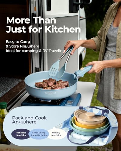 Stackbear Ceramic Cookware Set, Detachable Handle Pots and Pans Non Stick, 12-Piece Camping Cooking Set Nonstick with Storage Bag, Anti-Scratch Pads, PFOA Free, RV Camping Essentials