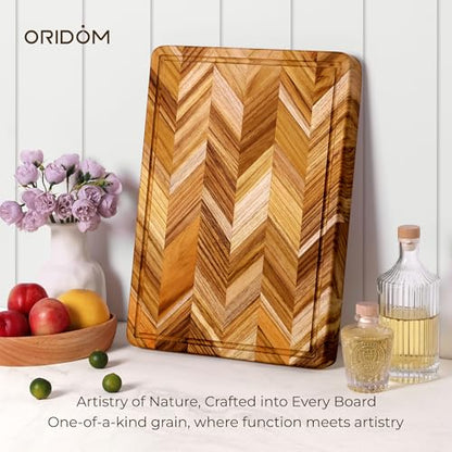 oridom Teak Wood Cutting Board for Kitchen Large End Grain Heavy Duty Checkered Wooden Cutting Board Non Toxic Herringbone Charcuterie Butcher Block Non Slip Hardwood Chopping with Juice Groove Handle