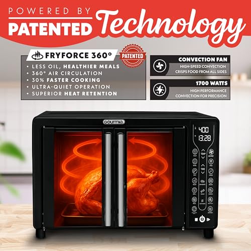Gourmia French Door Air Fryer Toaster Oven – 6-Slice Capacity, FryForce 360°, Digital Display with 17 Cooking Presets, Black