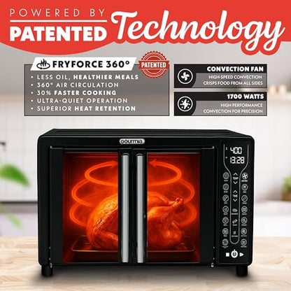Gourmia French Door Air Fryer Toaster Oven – 6-Slice Capacity, FryForce 360°, Digital Display with 17 Cooking Presets, Black