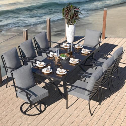 Kullavik 9 Pieces Outdoor Dining Set,Patio Dining Table and Chairs Set for 8,Fence Pattern Back Chairs with Thickened Cushions & Rectangular Metal Dining Table with Umbrella Hole for Patio,Grey
