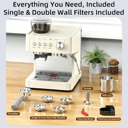 (2026 Upgrade) 15 Bar Espresso Machine with Built-in Anti-Clog Coffee Grinder, Expresso Coffee Machines with Milk Steam Wand/Frother/Tamping Tools,Espresso Maker with Grinder for Lattes-Almond