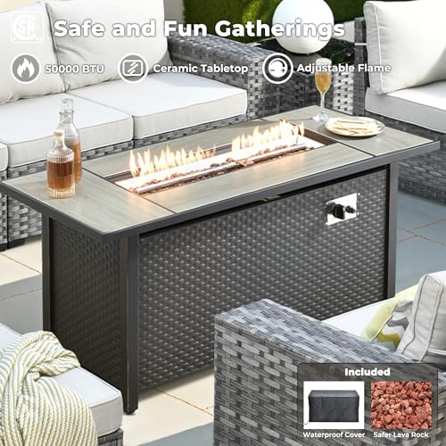 ovios 16 Pieces Patio Furniture Set, Outdoor Wicker Sectional Sofa Couch with 54" Fire Pit Table Swivel Chairs, Modern Modular Deep Seat Rattan Conversation Sets, Beige