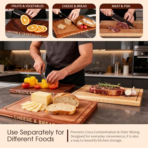 Hoforife Wooden Cutting Boards Set That Look Like Books, 3-Piece Acacia, Sapele & Peruvian Walnut Book Shaped Cutting Board with Stand Decorative & Functional Cutting Boards for Kitchen（Natural Wood）