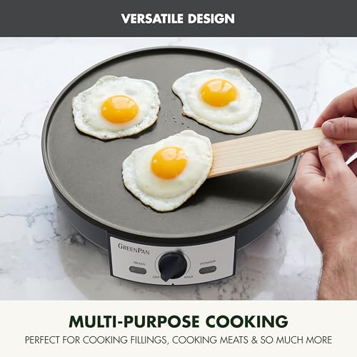 GreenPan Advanced 12" Crepe Maker, Ceramic Nonstick PFAS-Free Coating, Adjustable Temperature Control, 400°F Heating, Batter Spreader & Crepe Turner Included, Graphite