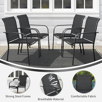 SUNCROWN 6 - Piece Outdoor Dining Set, Patio Furniture Set with 4 Textilene Dinning Chairs, 1 Steel Slat Metal Bistro Table and 1 Brown 9Ft Patio Umbrella for Lawn Garden Backyard Deck, Black