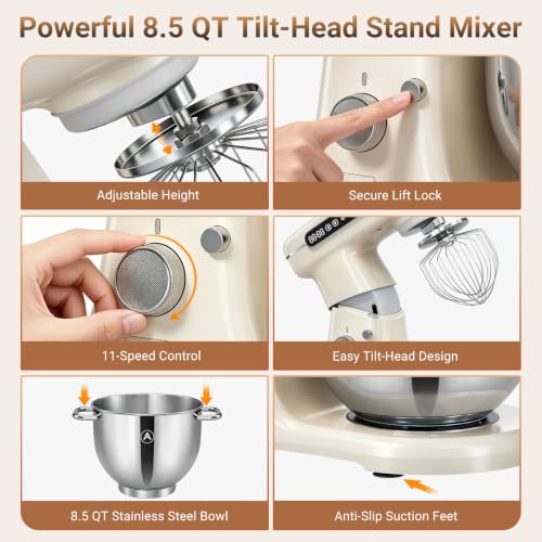 ZACME 8.5QT Commercial Stand Mixer 1000W with Aluminum Die Casting Meets the Standard of NSF/ANSI 8-2023, 11 Speeds Electric Stand Mixer, Tilt-Head Dough Mixer with Bowl, Dough Hook, Whisk and Beater