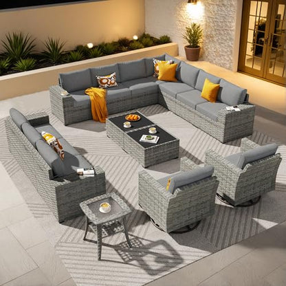 ovios 15 Pieces Patio Furniture Set, Outdoor Wicker Sectional Sofa Couch with Swivel Chairs Coffee Table, Modern Modular Deep Seat Rattan Conversation Sets, Dark Grey