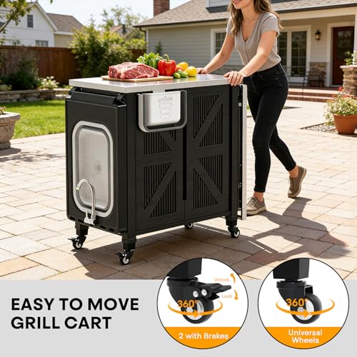 evixor Grill Cart with Foldable Sink, Outdoor Storage Cabinet, Outdoor Grill Cart with Wheels, Kitchen Island with Folding Trash Can for Barbecue, Backyard, Garden & Outdoor Kitchen