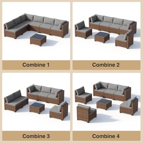Qsun 7 Pieces Patio Furniture Set, Outdoor Sectional Rattan Sofa Set, Wicker Patio Conversation Set with Cushions and Glass Coffee Table, for Balcony, Porch, Garden, Grey
