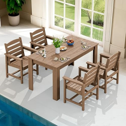 SERWALL Patio Dining Set for 4, Outdoor Dining Sets for 4 Person with 1 Umbrella Hole Cut-Out Rectangular Table and 4 Chairs, HDPE Dining Sets for Garden, Backyard, Poolside, Brown