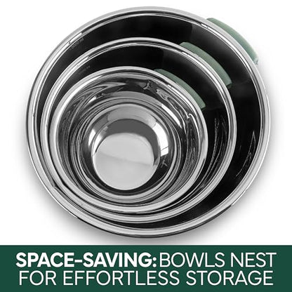 COOK WITH COLOR Stainless Steel Mixing Bowls Set and Measuring Cups- Nesting Bowls with Non-Slip Bottom and Easy-Grip Handles, Sage, 11 Pieces