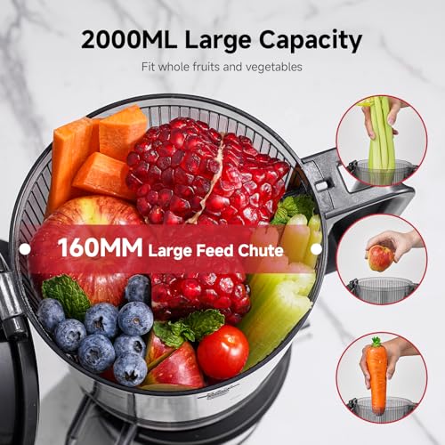 Cold Press Juicer Machine with 6" Extra-Wide Feed Chute,Triple Stainless Steel Filter,Quiet DC Motor,Easy to Clean,Slow Masticating Juicer High Juice Yield, Grey