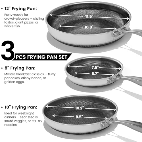 Umite Chef Non Stick Frying Pans Set, 8, 10 and 12-Inch Hybrid Frying Pans, Stainless Steel Nonstick Skillets for Cooking, Dishwasher & Oven-Safe, Induction Compatible Cooking Pan, PFOA Free Cookware