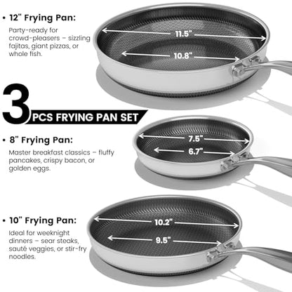 Umite Chef Non Stick Frying Pans Set, 8, 10 and 12-Inch Hybrid Frying Pans, Stainless Steel Nonstick Skillets for Cooking, Dishwasher & Oven-Safe, Induction Compatible Cooking Pan, PFOA Free Cookware