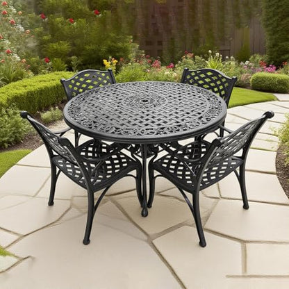 PATIO-IN 5 Pieces Cast Aluminium Patio Dining Set for 4-6 Person,Round 48" Patio Table and Chairs Set of 4 with 2.3" Umbrella Hole,Outdoor Patio Furniture Dining Set for Porch Backyard Deck, Black